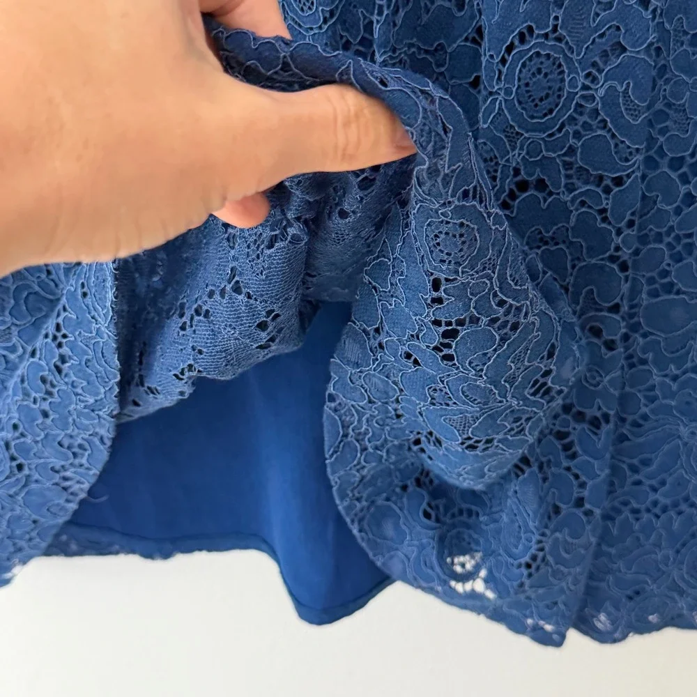 Free People Lovely In Lace Mini Dress L Blue Cutout Back Pockets Boho Coquette